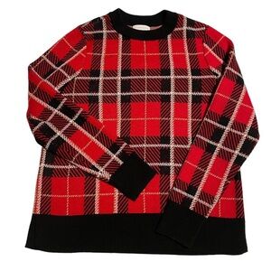 Charter Club Red Black Plaid Sweater Medium Crewneck Rib Trim P2P 21” L 24”